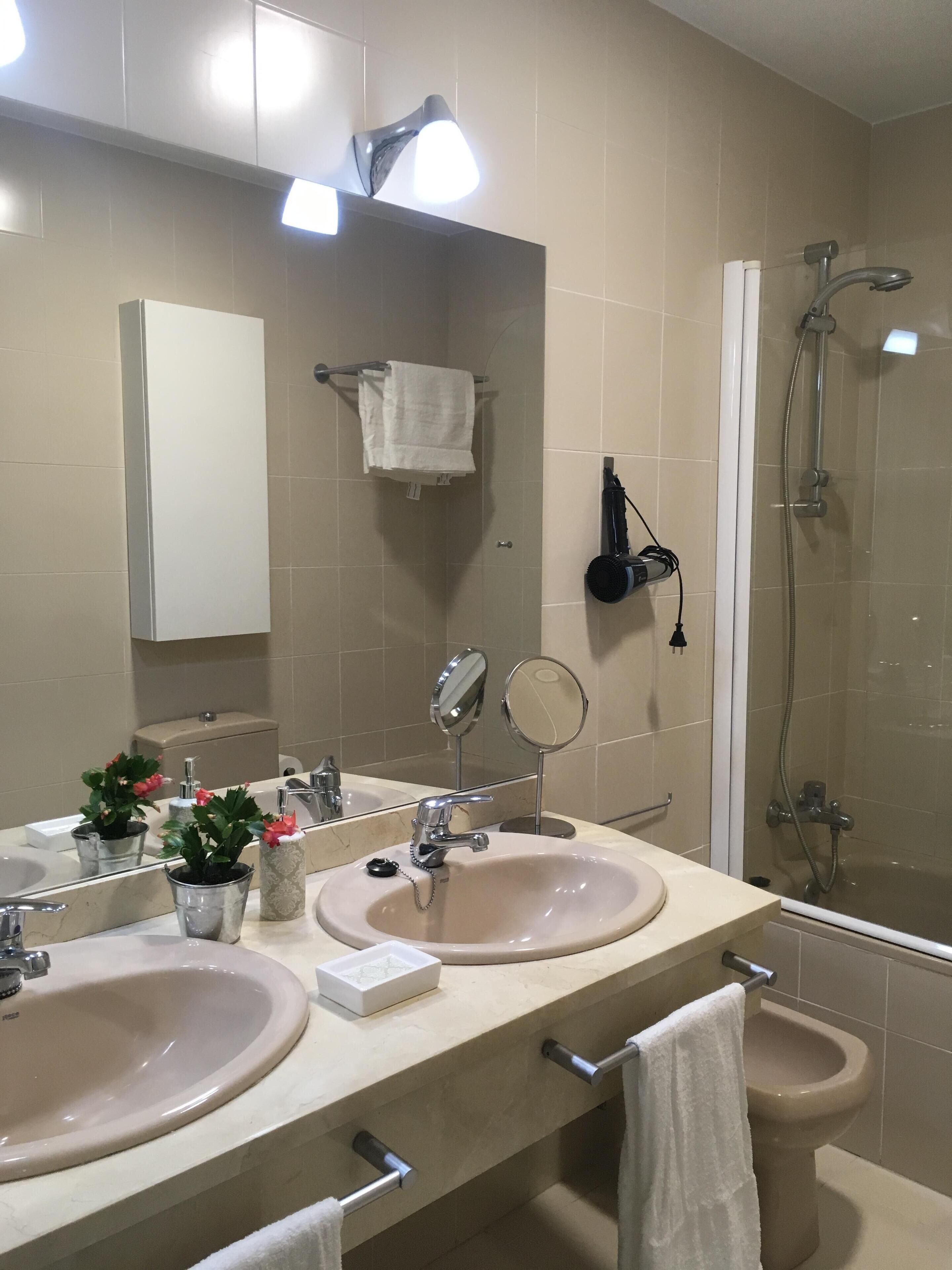 Tina con regadera, secadora de cabello, bidet, toallas 