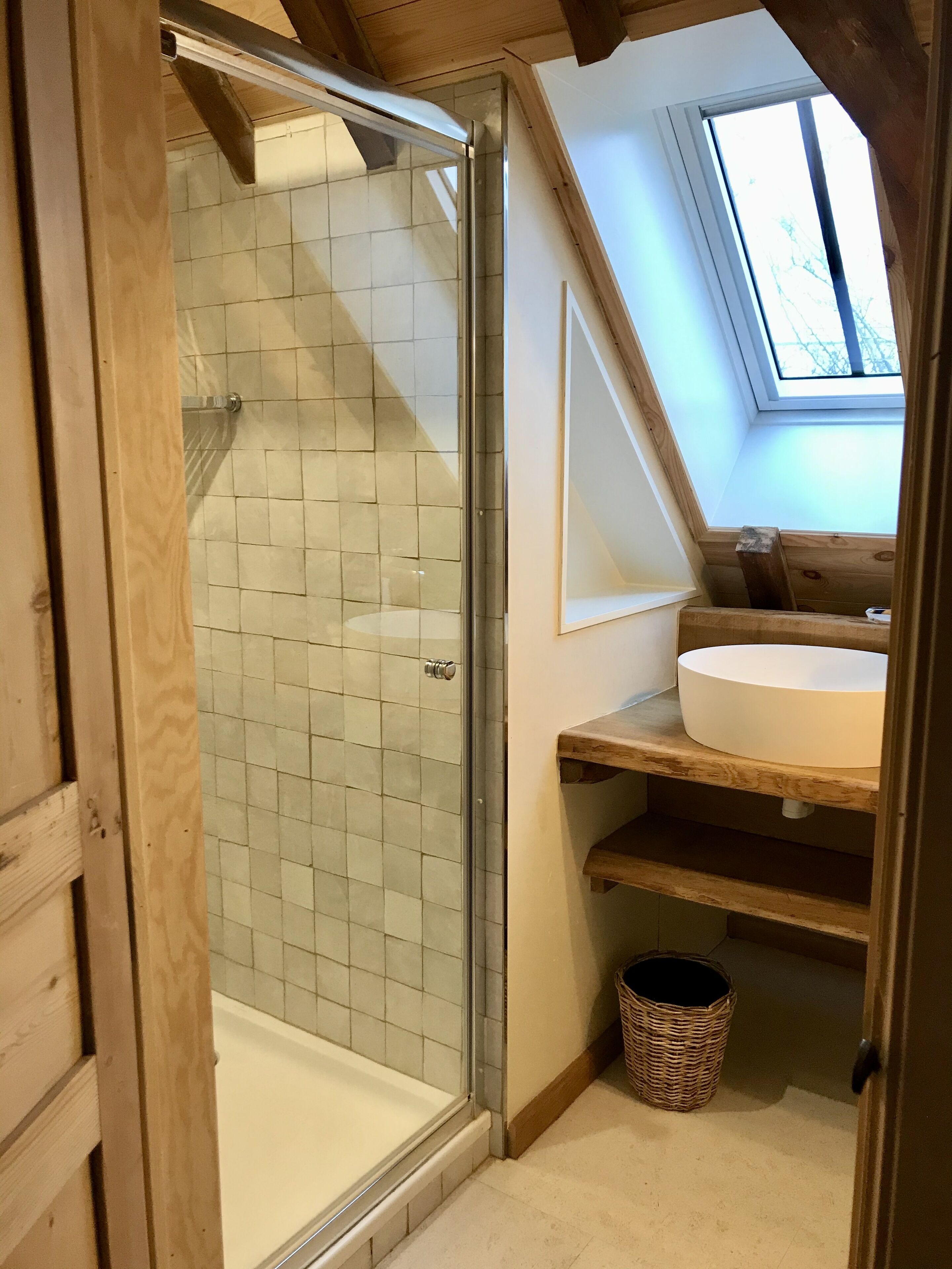 Shower, hair dryer, soap, toilet paper