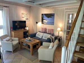 Televisión, chimenea, reproductor de DVD y libros 