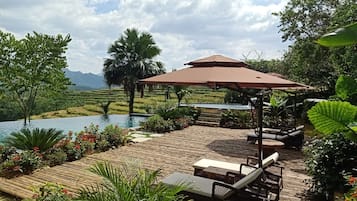 Alberca al aire libre y camastros