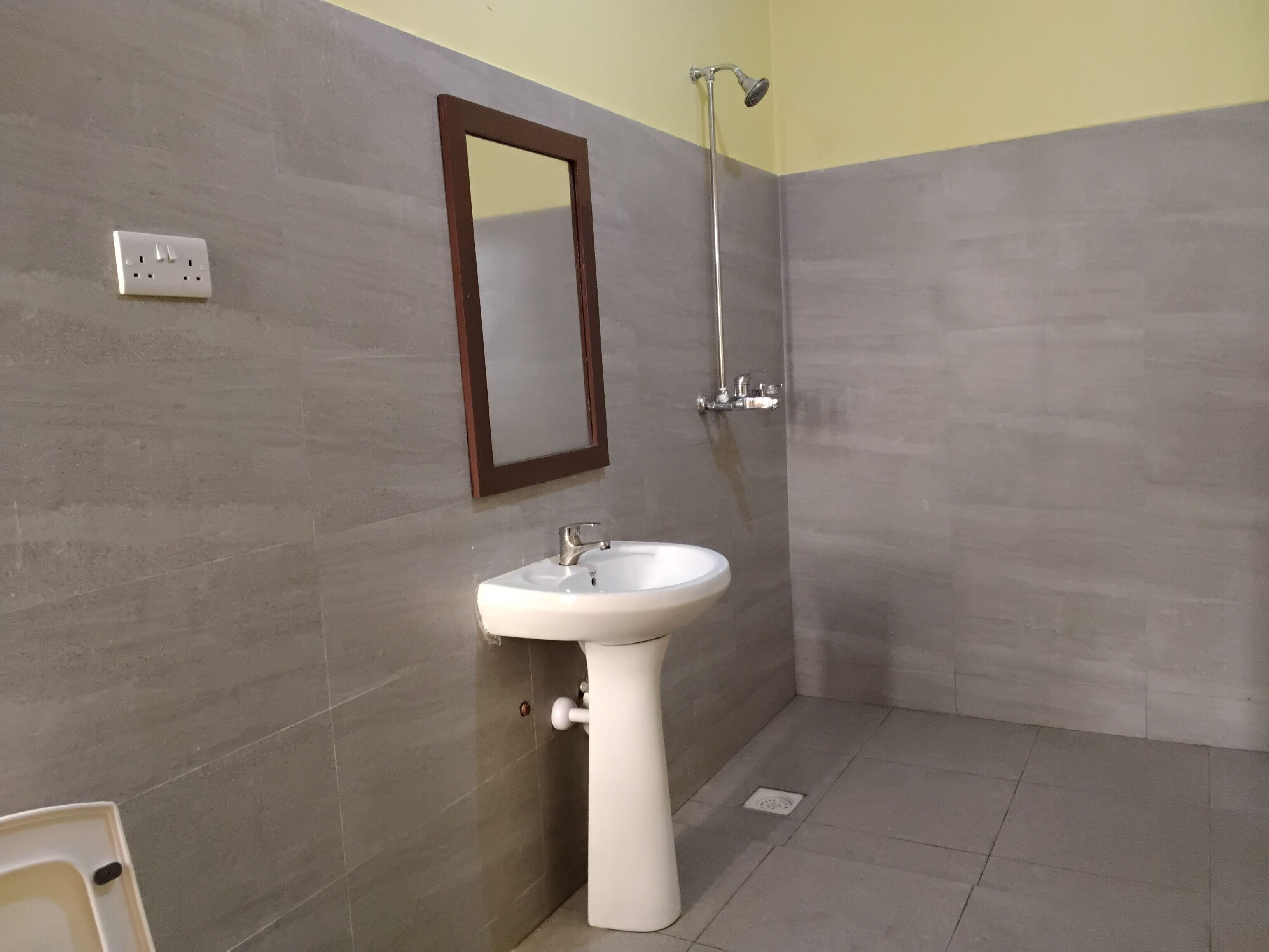 Une salle de bain avec un lavabo sur colonne blanc, un miroir et une douche.