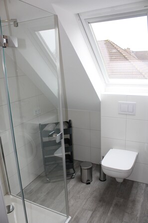 Dusche, Haartrockner, Seife, Toilettenpapier