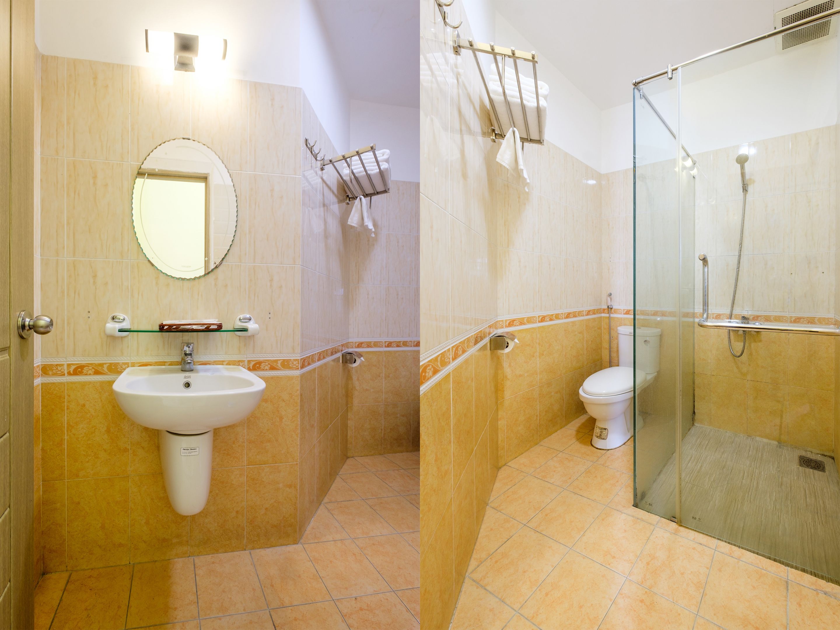 shower, slippers, bidet, towels