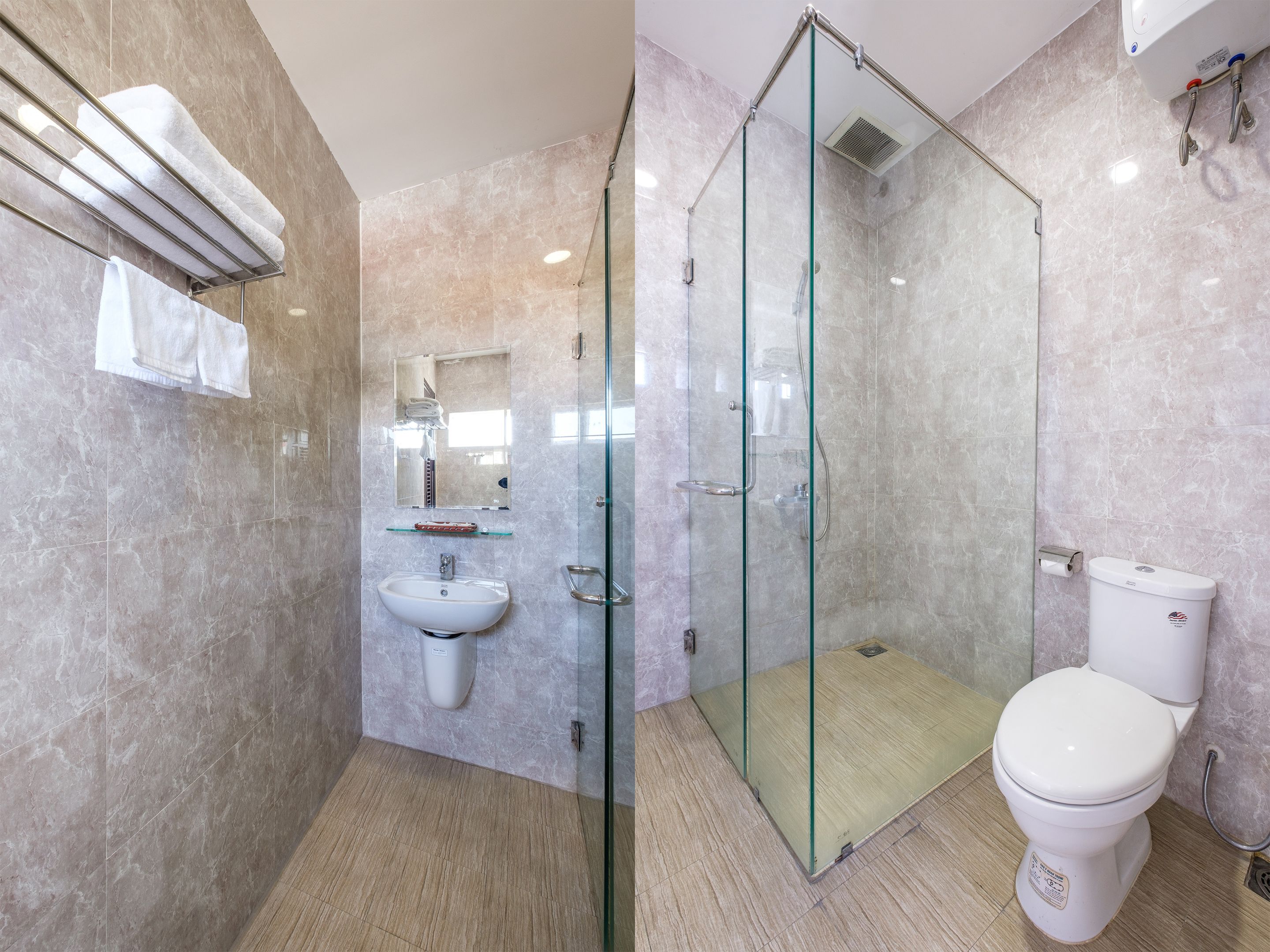 standard double room | bathroom | shower, slippers, bidet, towels