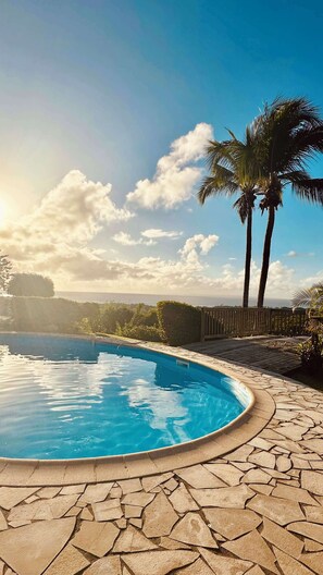 A swimming pool with a stone edge, surrounded by palm trees and a wooden fence. - Bellevue des îles house in Sainte-Anne (Sainte-Anne)