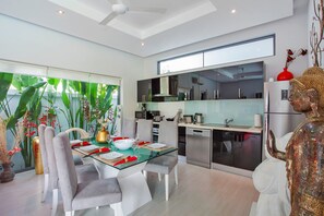 2 Bedrooms Pool Villa | Private kitchen | Full-sized fridge, microwave, stovetop, electric kettle