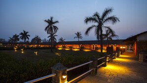 A resort with a well-lit walkway, palm trees, and a building with multiple windows. - Lumbini Hokke Hotel (Sauraha Pharsatikar)