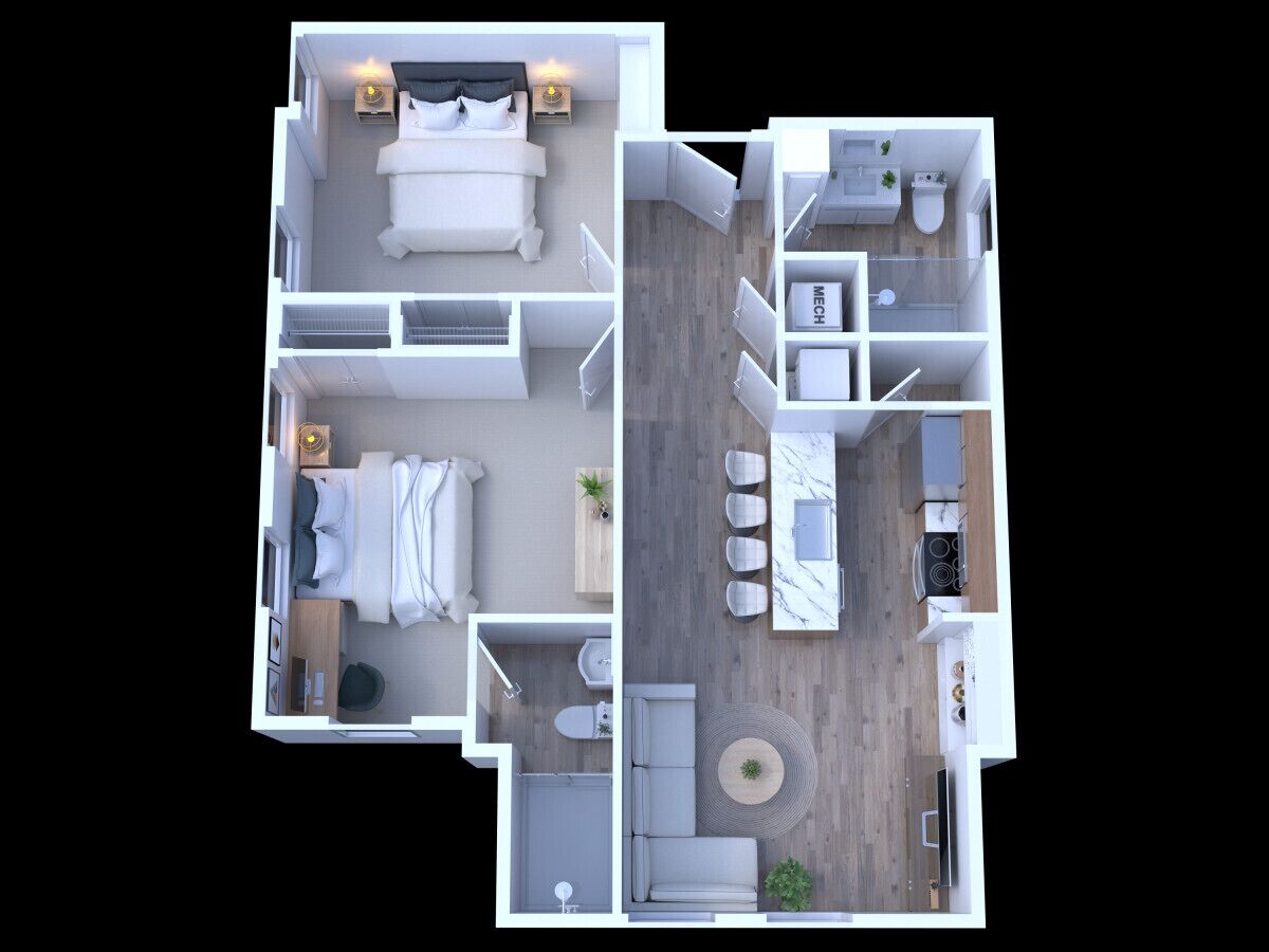 Distribución de un apartamento de dos habitaciones con sala de estar, cocina y baño.
