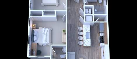 Distribución de un apartamento de dos habitaciones con sala de estar, cocina y baño.