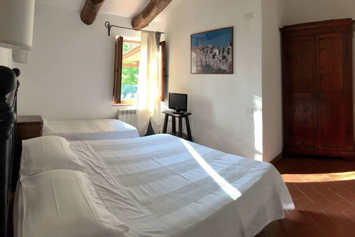 Une chambre avec deux lits, une armoire en bois, un téléviseur posé sur une petite table et une fenêtre avec des rideaux.