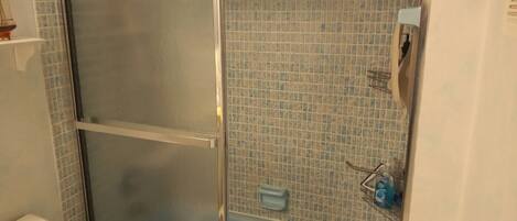 A bathroom with a glass-enclosed shower, a bathtub, and a toilet.