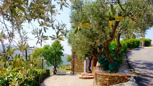 A stone pathway leading to a seating area with a view of the sea.
