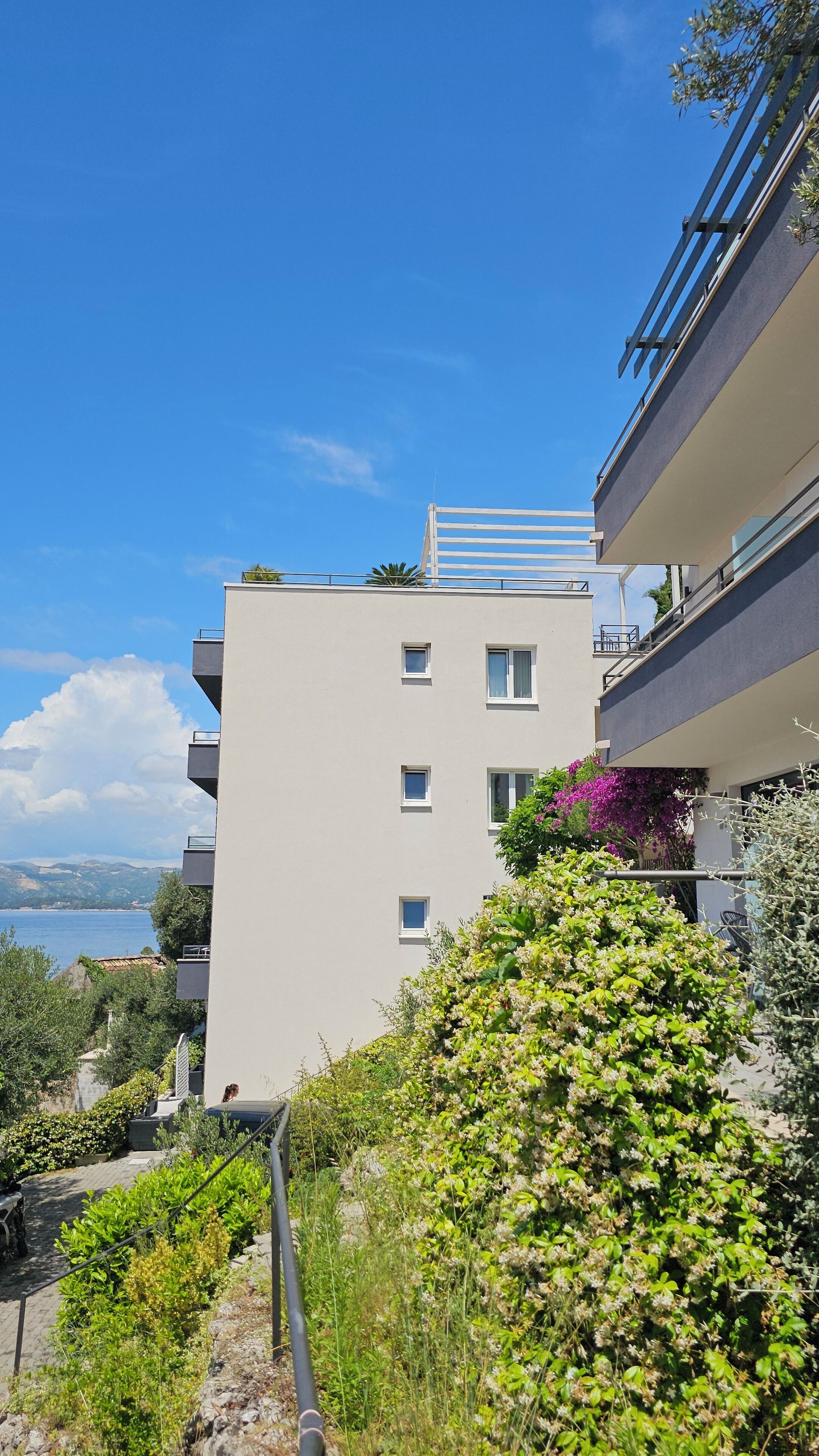 Ένα σύγχρονο κτίριο με μπαλκόνια, θέα στη θάλασσα και πλούσιο πράσινο στο περιβάλλον του.