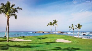 Un campo de golf con palmeras y vistas al océano.
