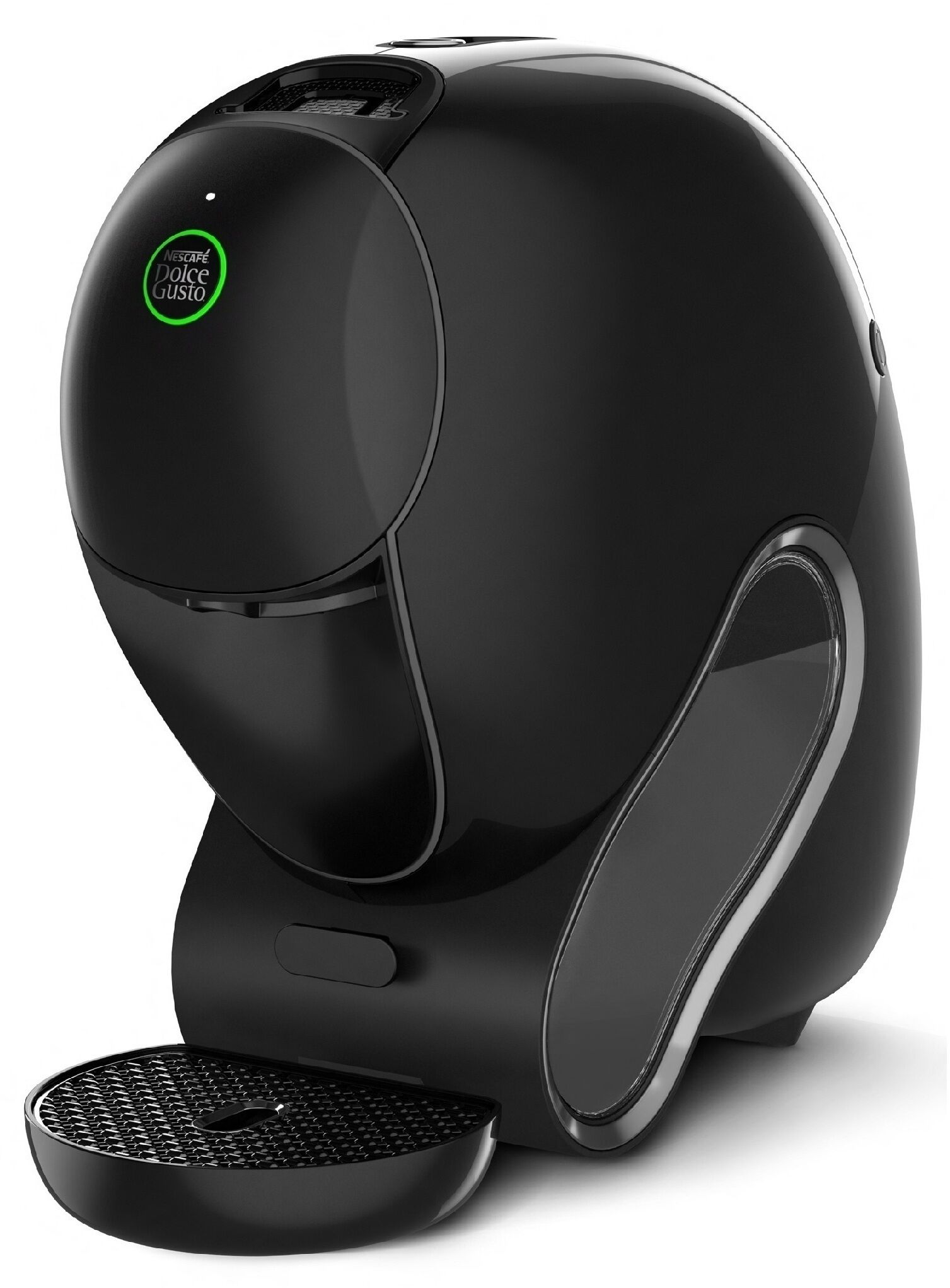 A black, modern coffee machine with a green logo, a control panel, and a removable drip tray.