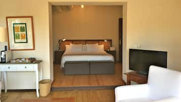 Quarto de hotel com uma cama, uma mesa, uma cadeira, televisão e um quadro na parede.