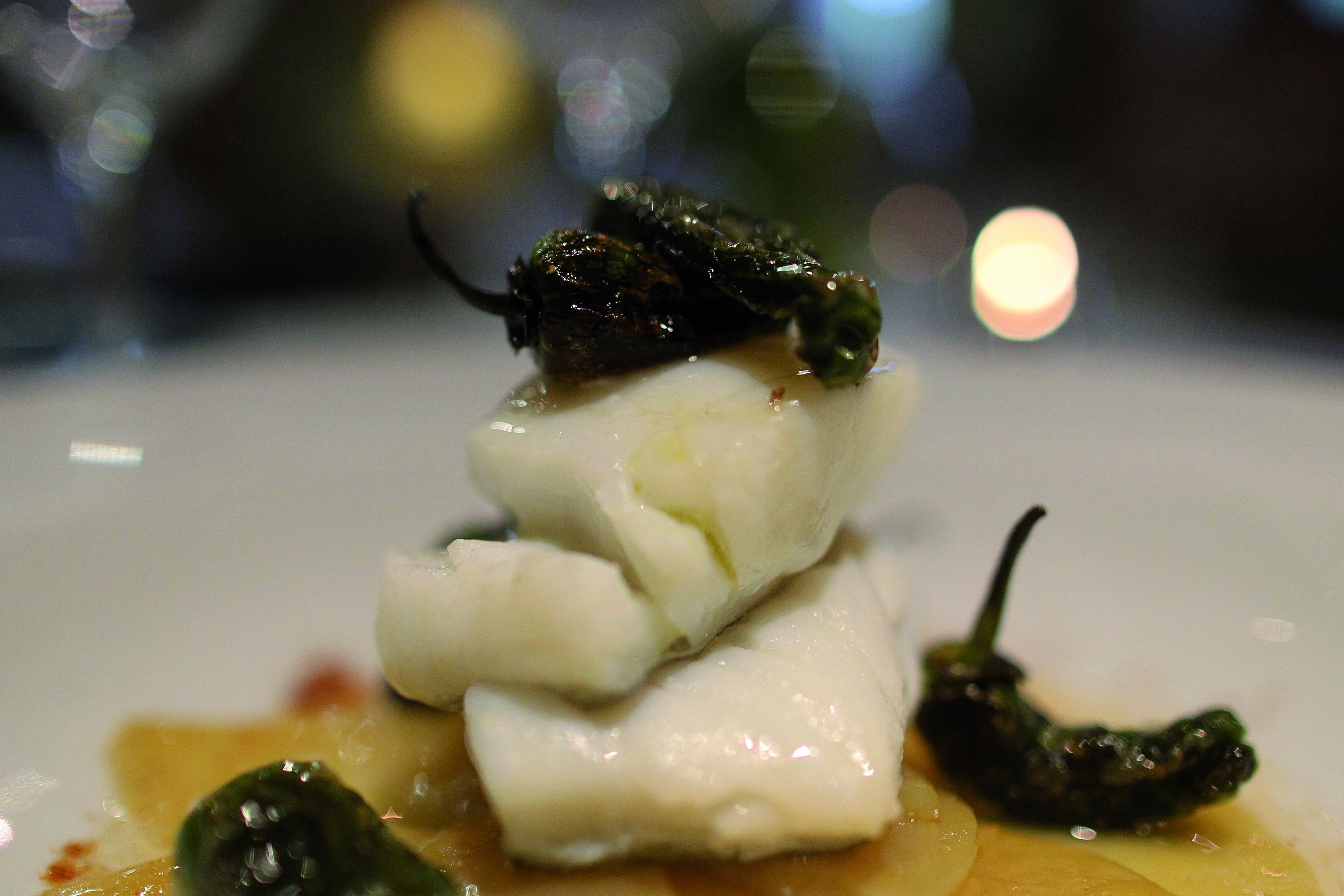 Gros plan d’une assiette contenant un plat de poisson blanc agrémenté de verdure.