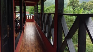 A corridor with wooden flooring and red walls, leading to a balcony with a view of lush green hills. - Big Foot Safari Lodge (Wli)