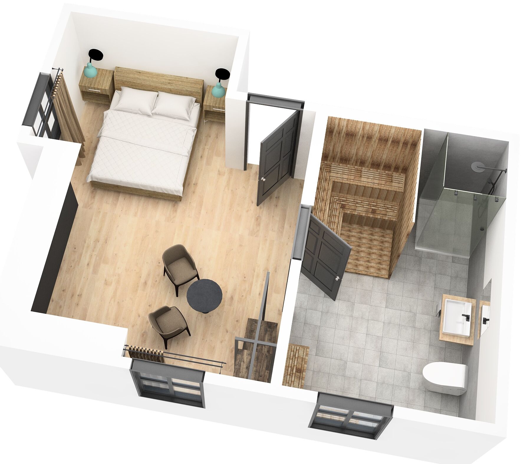 A 2-bedroom apartment layout with a bedroom, bathroom, and living area.