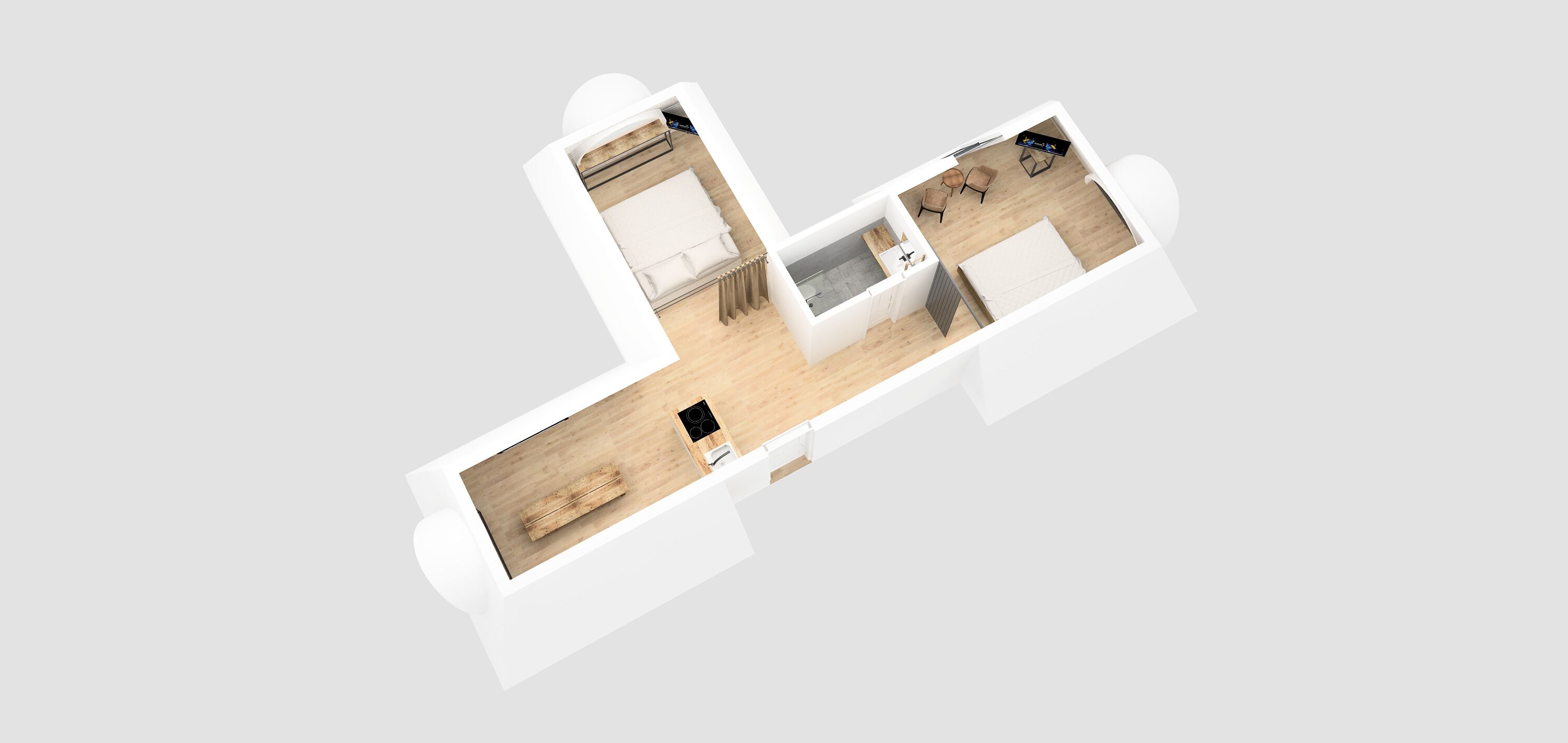 A 3D floor plan of a hotel room with a bed, a desk, a chair, a small table, and a wardrobe.