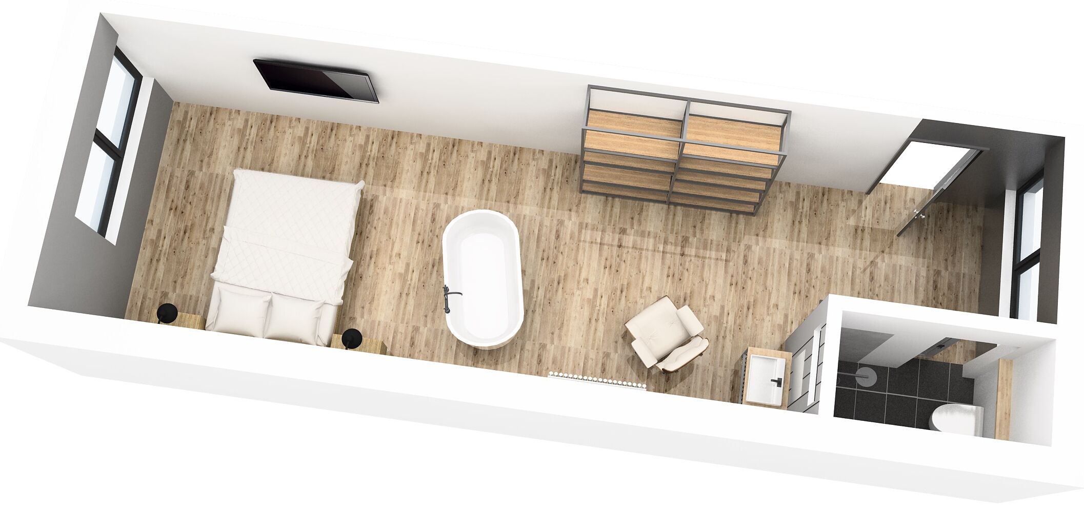 Une salle de bain moderne équipée d’une baignoire, de toilettes et d’un espace douche.