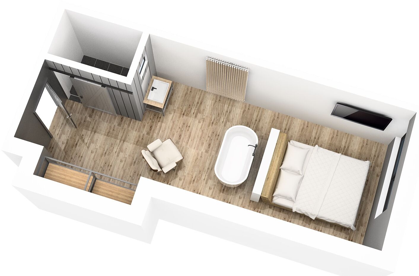 A modern hotel room with a large bed, a separate bathroom, a seating area, and a small kitchenette.
