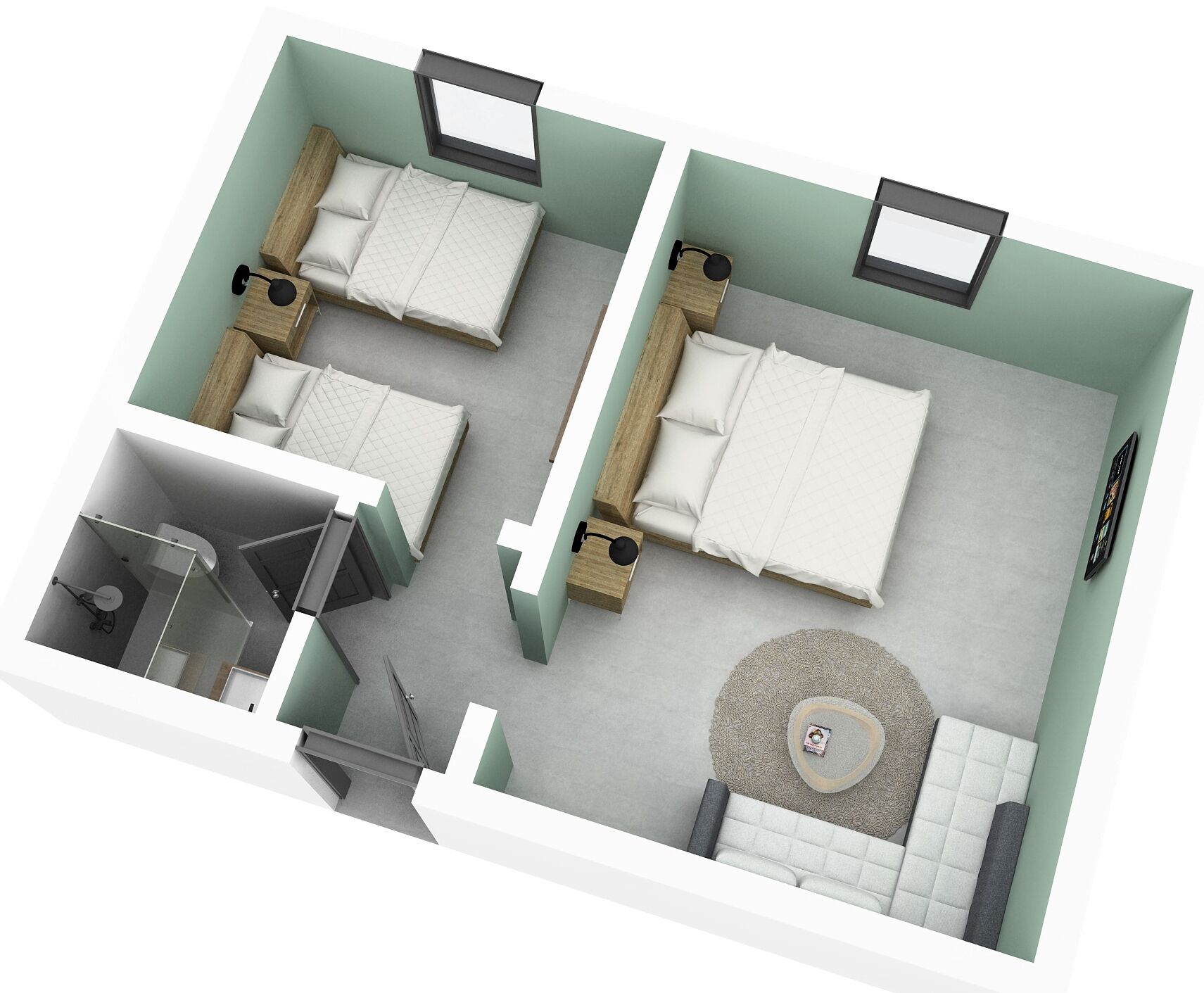 Distribución de un apartamento de dos habitaciones, con baño, una pequeña cocina y sala de estar.