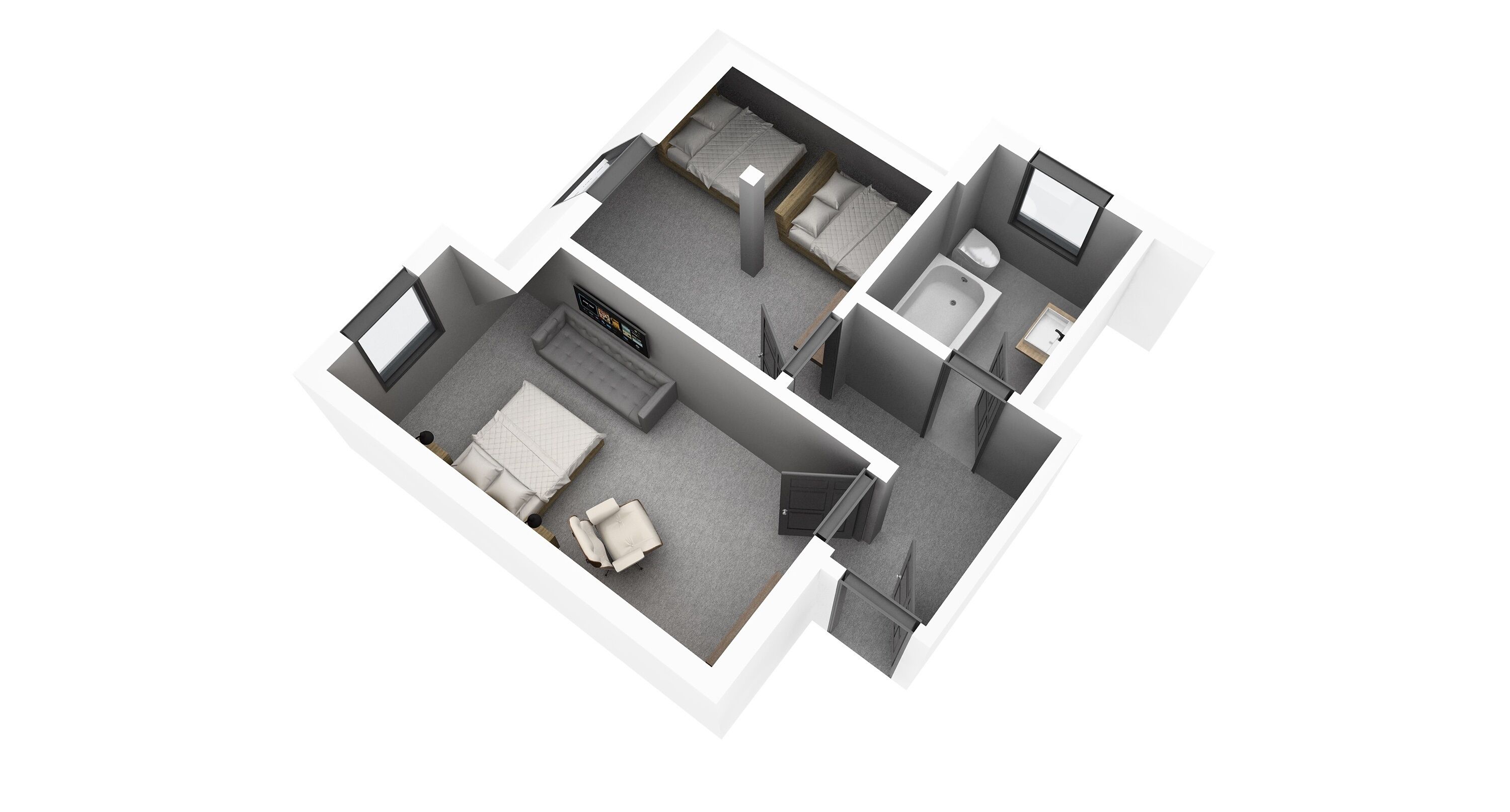 A 3D floor plan of a hotel room with a bed, a desk, a chair, a small bathroom, and a wardrobe.