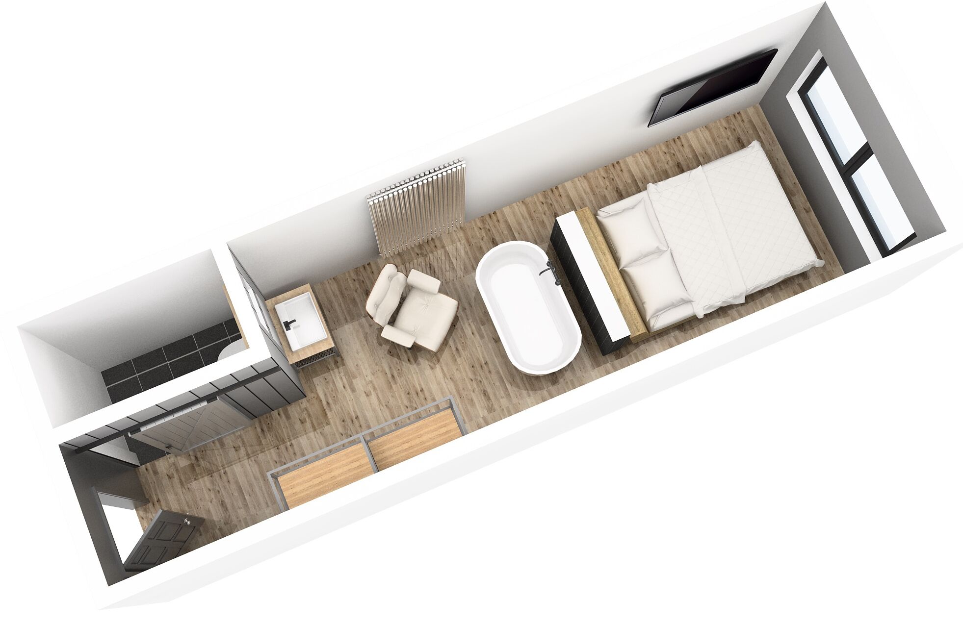 A modern hotel room layout with a bathroom, a sitting area with a sofa and armchairs, a bed with a large window, and a small kitchen area.