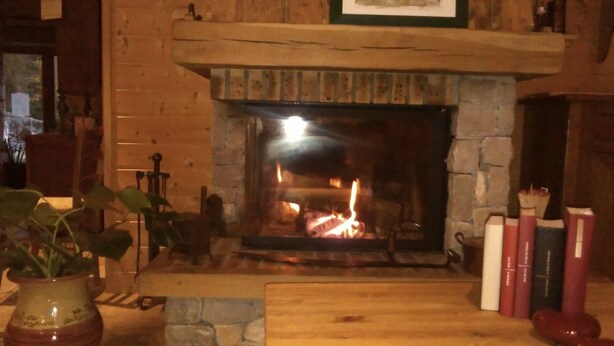 Une cheminée avec un encadrement en pierre, une cheminée en bois et un tableau encadré au-dessus. On trouve des livres et une plante en pot sur la cheminée.
