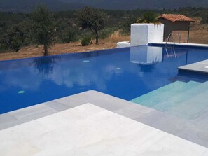 Outdoor pool, pool umbrellas, pool loungers