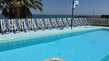 Seasonal outdoor pool, open 10:00 AM to 7:00 PM, pool umbrellas