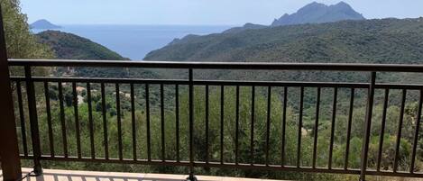 A balcony with a metal railing overlooking a mountainous landscape and a body of water.