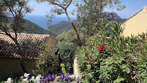 A courtyard with a tiled roof, a stone wall, and a variety of flowers. - Les Asphodèles (Partinello)
