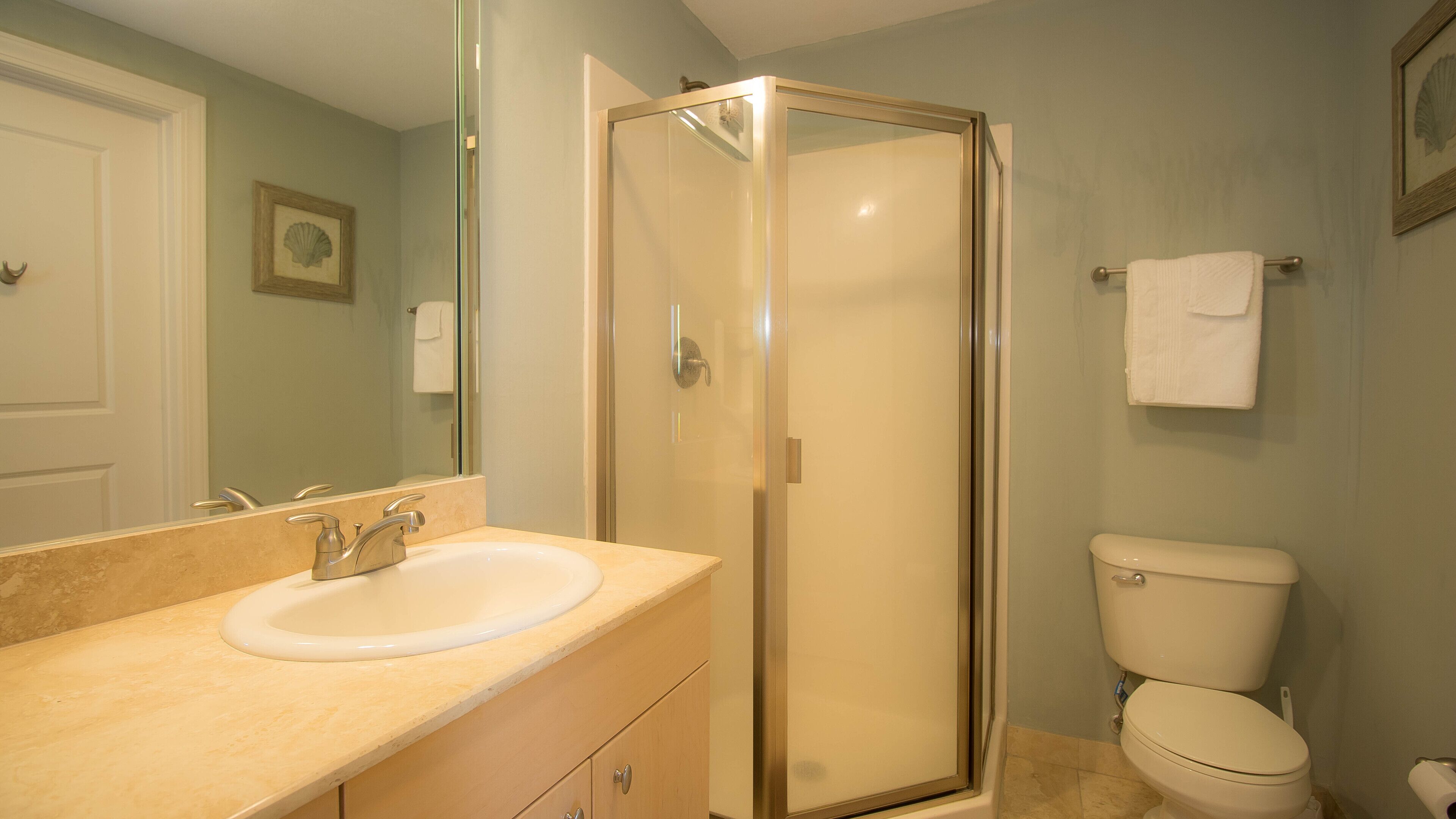 Une salle de bain avec une douche à parois de verre, un lavabo avec un miroir et des toilettes.