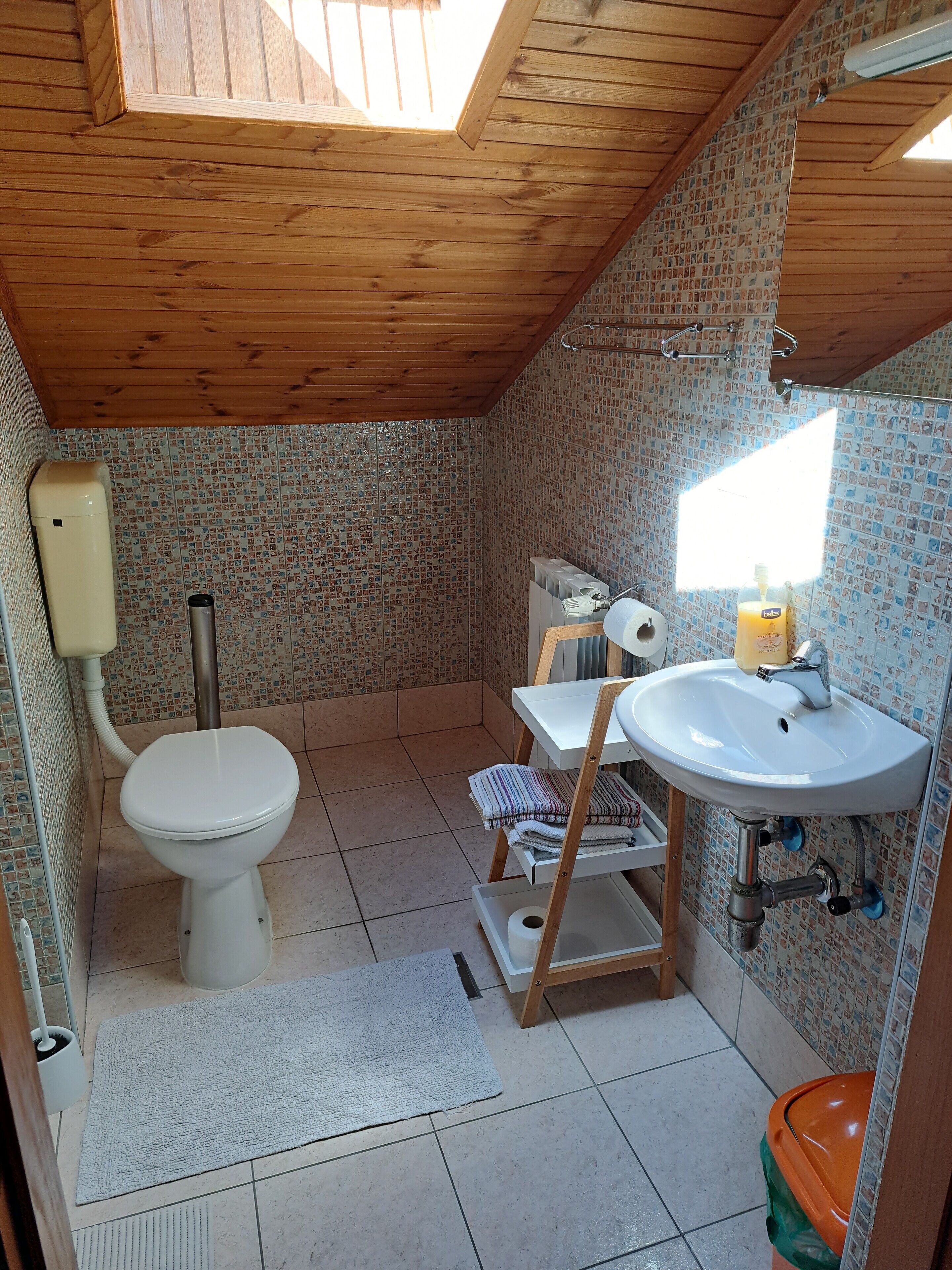 A compact bathroom with a wooden ceiling, a toilet, a sink, and a shower area.