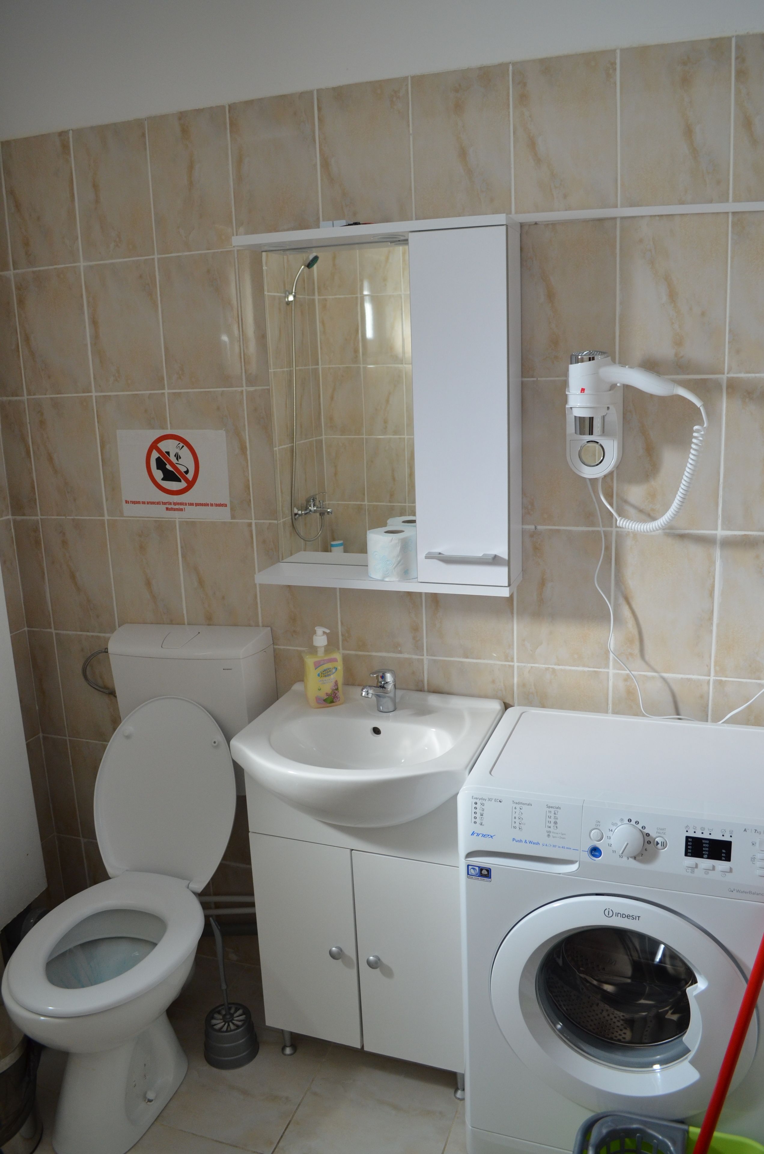 Un baño con inodoro, lavamanos, espejo y lavadora.