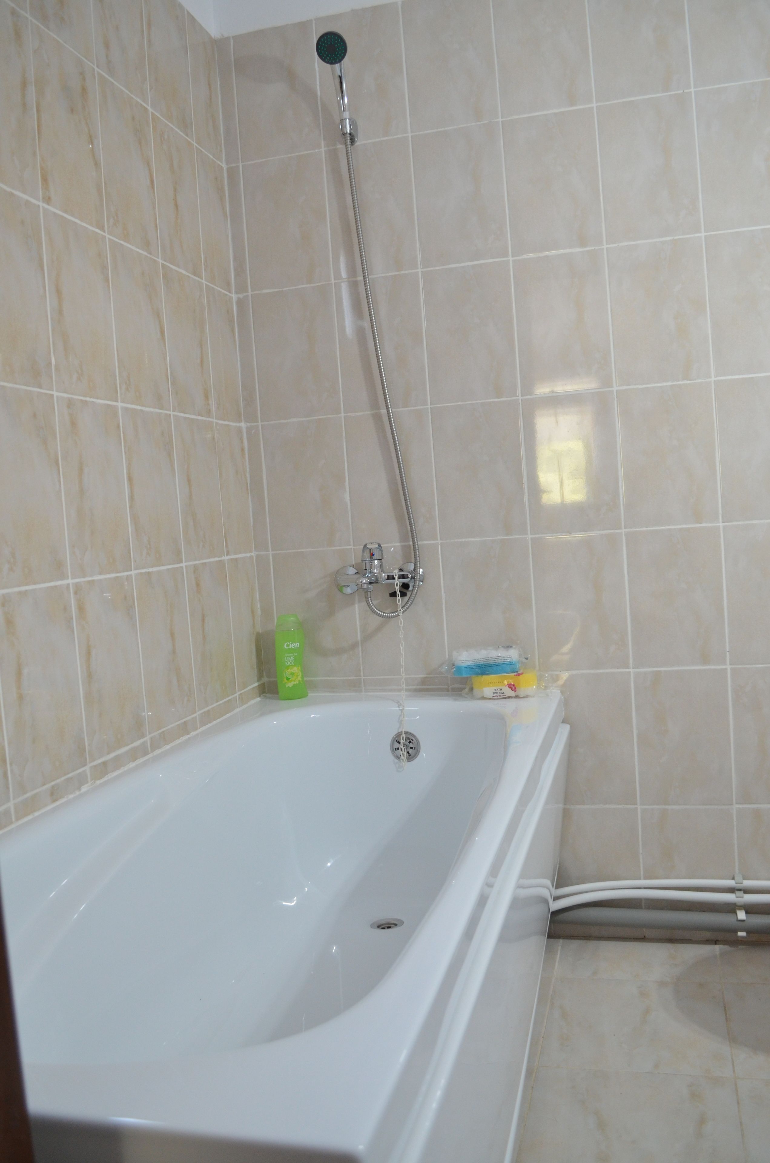 Une salle de bain avec une baignoire blanche, une pomme de douche et un flacon de shampoing vert posé sur le sol.