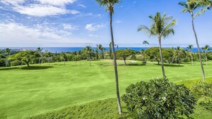 Un campo de golf bien cuidado con vistas despejadas al océano, rodeado de palmeras y exuberante vegetación.