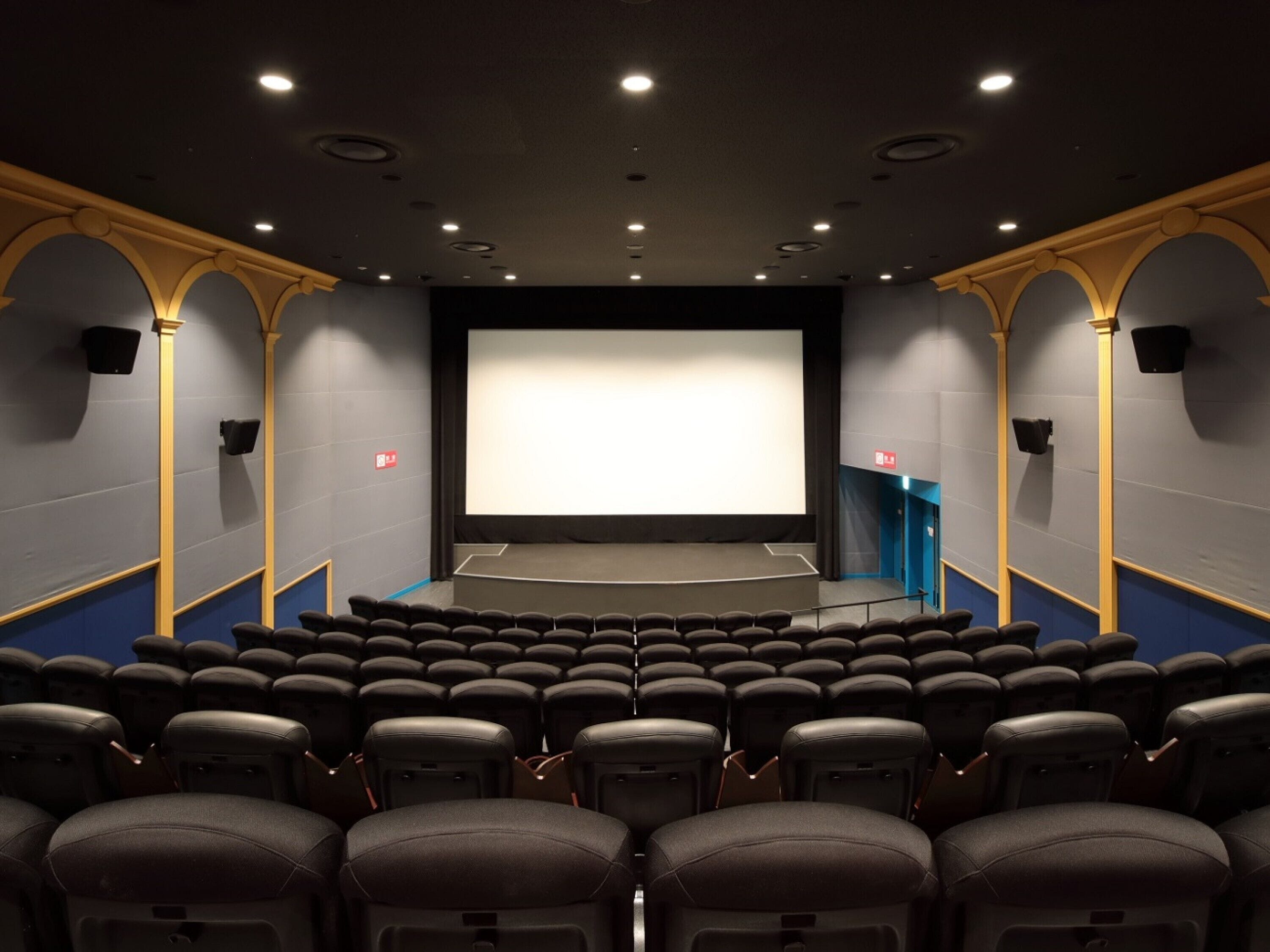 Un cine con hileras de asientos, una pantalla grande y un escenario.
