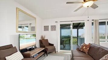 Smart-TV, DVD-spiller, bøker og stereoanlegg