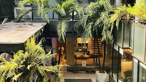 Un espace intérieur moderne doté d’une piscine, entouré d’une végétation luxuriante et comprenant un coin salon.