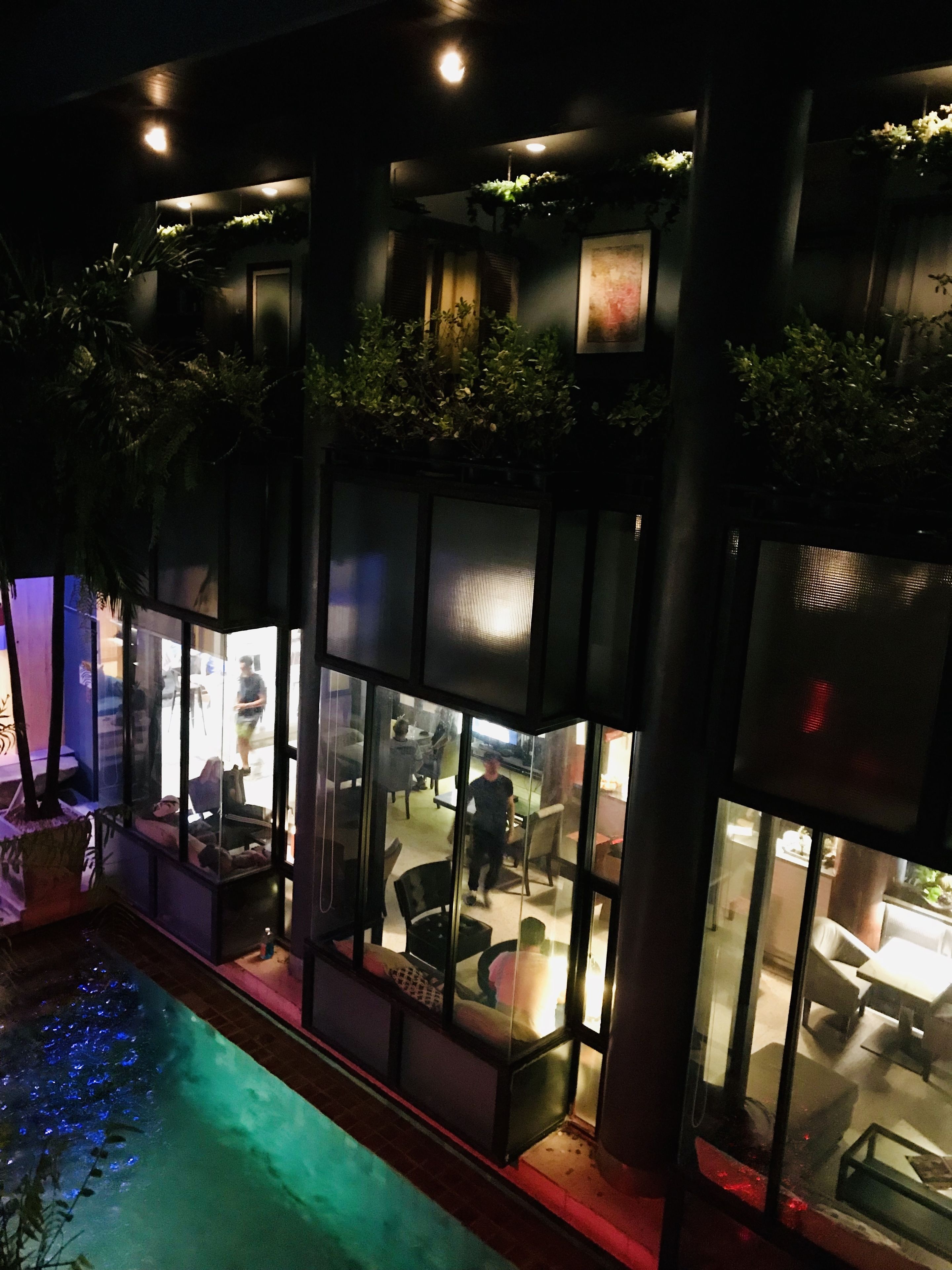 Un área de piscina interior moderna con paredes de vidrio, asientos y plantas.