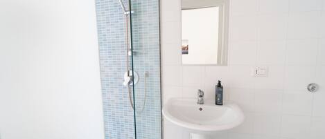 Une salle de bain avec une douche, un lavabo et un miroir.