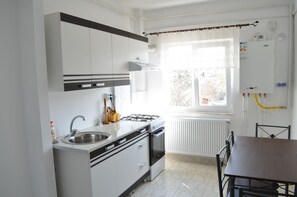 Basic-Apartment, 1 Schlafzimmer | Eigene Küche | Großer Kühlschrank, Ofen, Herdplatte, Wasserkocher