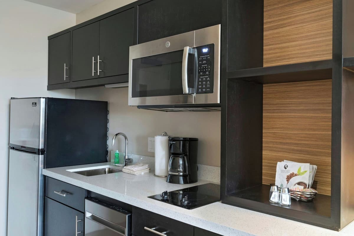 full-sized fridge, microwave, stovetop, dishwasher