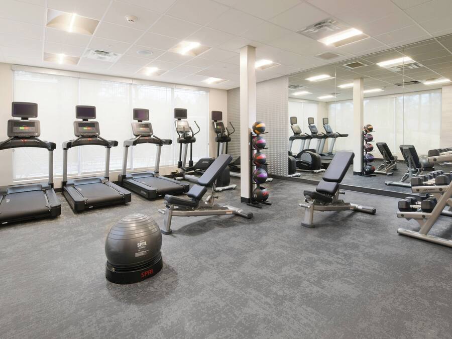 A gym with treadmills, elliptical machines, and free weights.