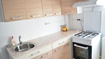 Apartment, 1 Bedroom | Private kitchen | Full-sized fridge, oven, stovetop, electric kettle