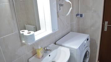 Un baño con lavamanos, papel higiénico, secador de pelo y lavadora.