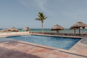 A swimming pool with a view of the ocean, surrounded by thatched umbrellas and a palm tree. - Hammock Heaven (Akumal)